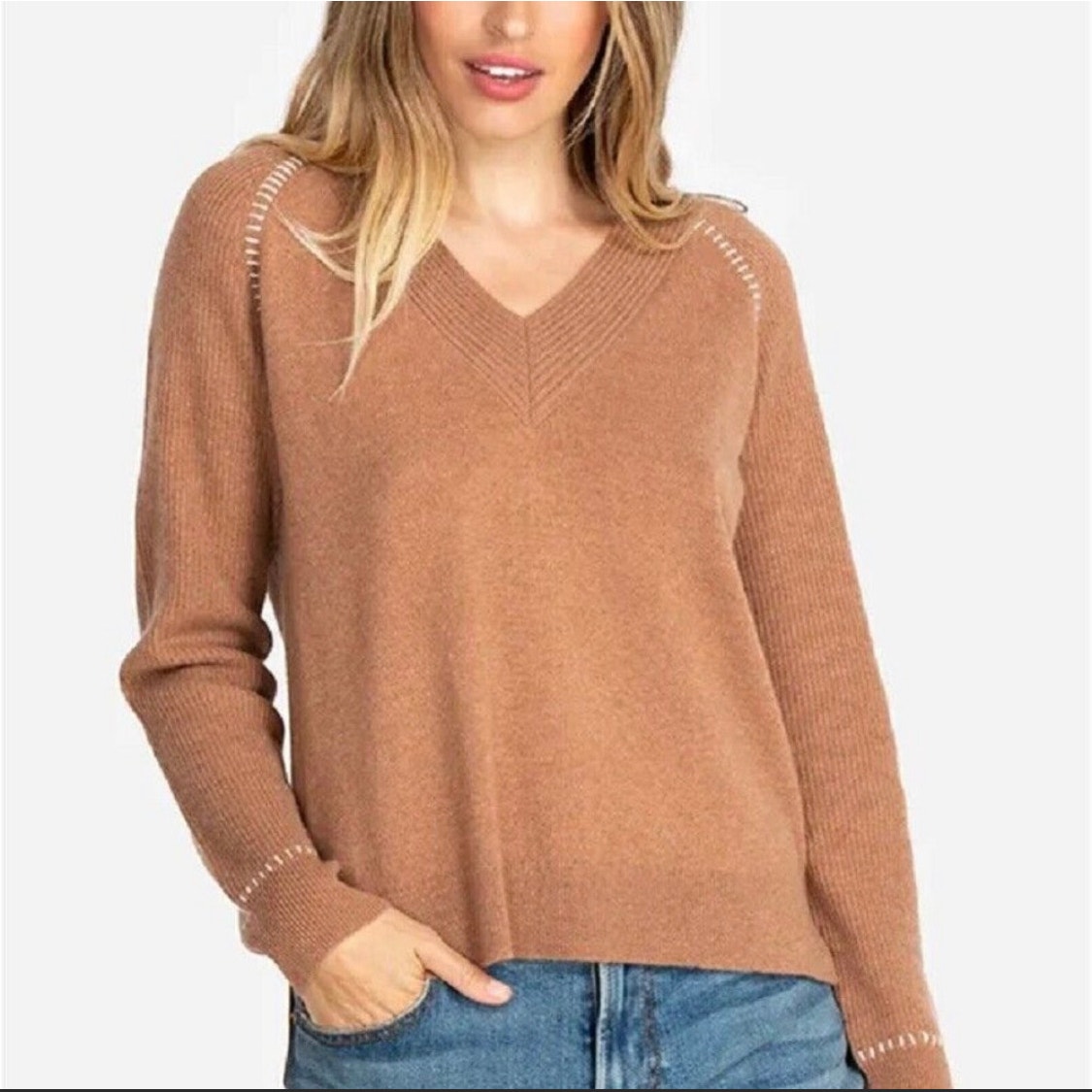 Johnny Was Cashmere V-Neck Pullover Knit Long Sleeve Sweater Brown Size Large